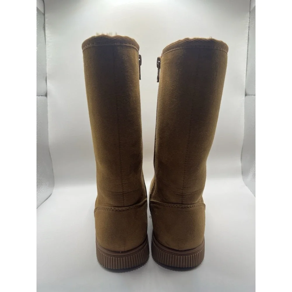 Cat & Jack Girls Winter Boots Size 1‎ Tan Faux Suede Pull On Cozy Lined School